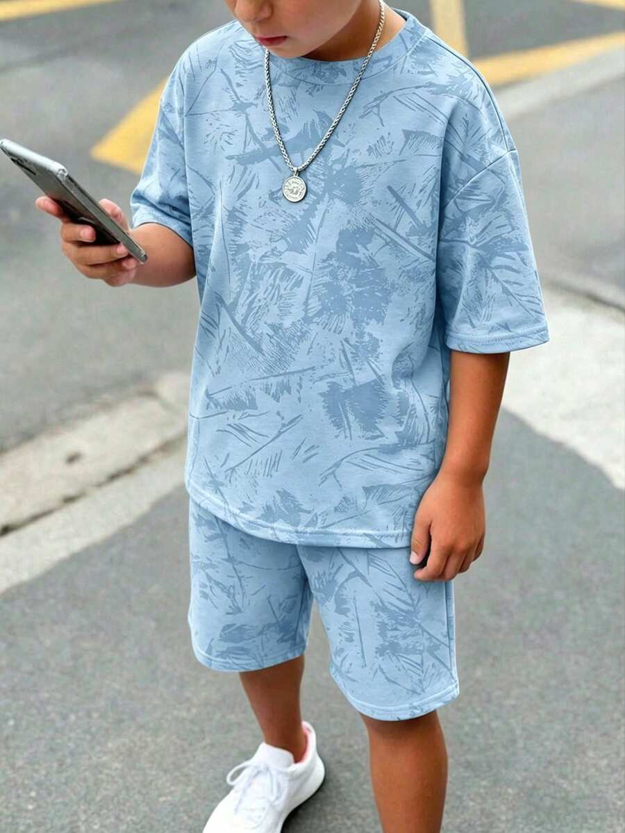 2pcs Big Boys Tie-Dye Oversized Tee & Shorts Set - Cerulean | 21 Ce...