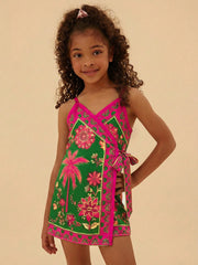 Girls Tropical Floral Wrap Cami Romper - Verdant | 21 Century Kids