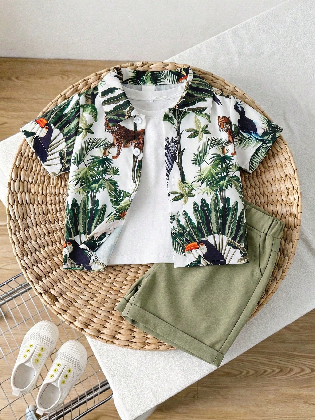 2pcs Boys Tropical Animal Print Shirt & Shorts Set - Ivory | 21 Cen...