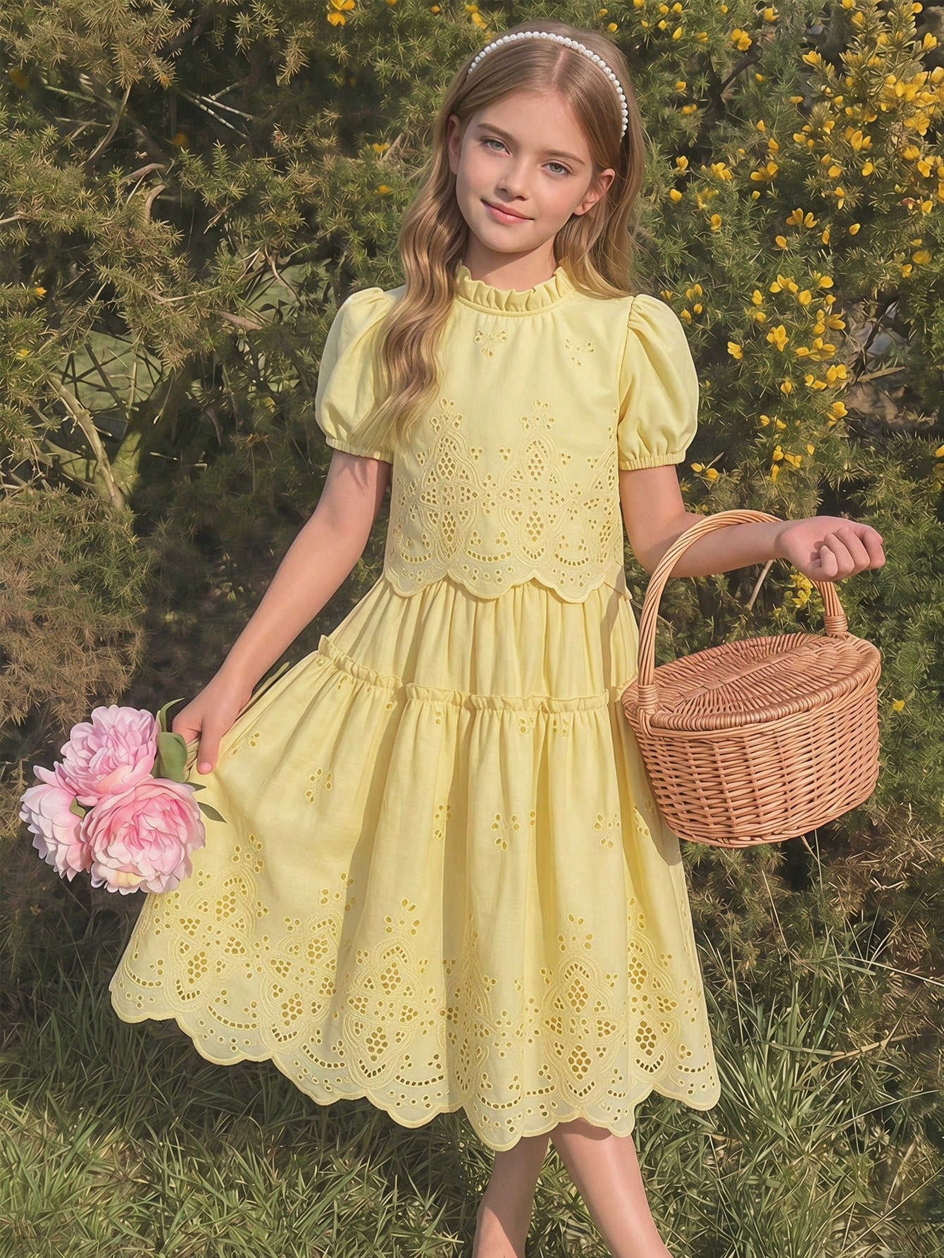 2pcs Big Girls Eyelet Embroidered Puff Sleeve Top & Skirt Set - But...