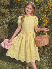 2pcs Big Girls Eyelet Embroidered Puff Sleeve Top & Skirt Set - But...
