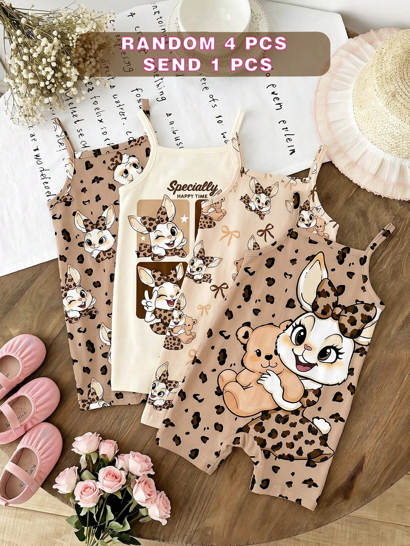 4pcs Girls Leopard Cartoon Bunny Cami Romper - Latte | 21 Century Kids
