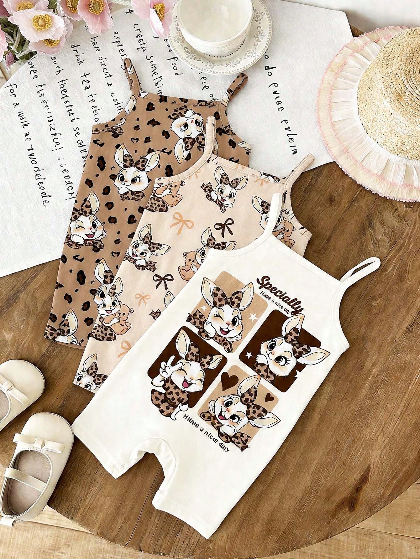 4pcs Girls Leopard Cartoon Bunny Cami Romper - Latte | 21 Century Kids