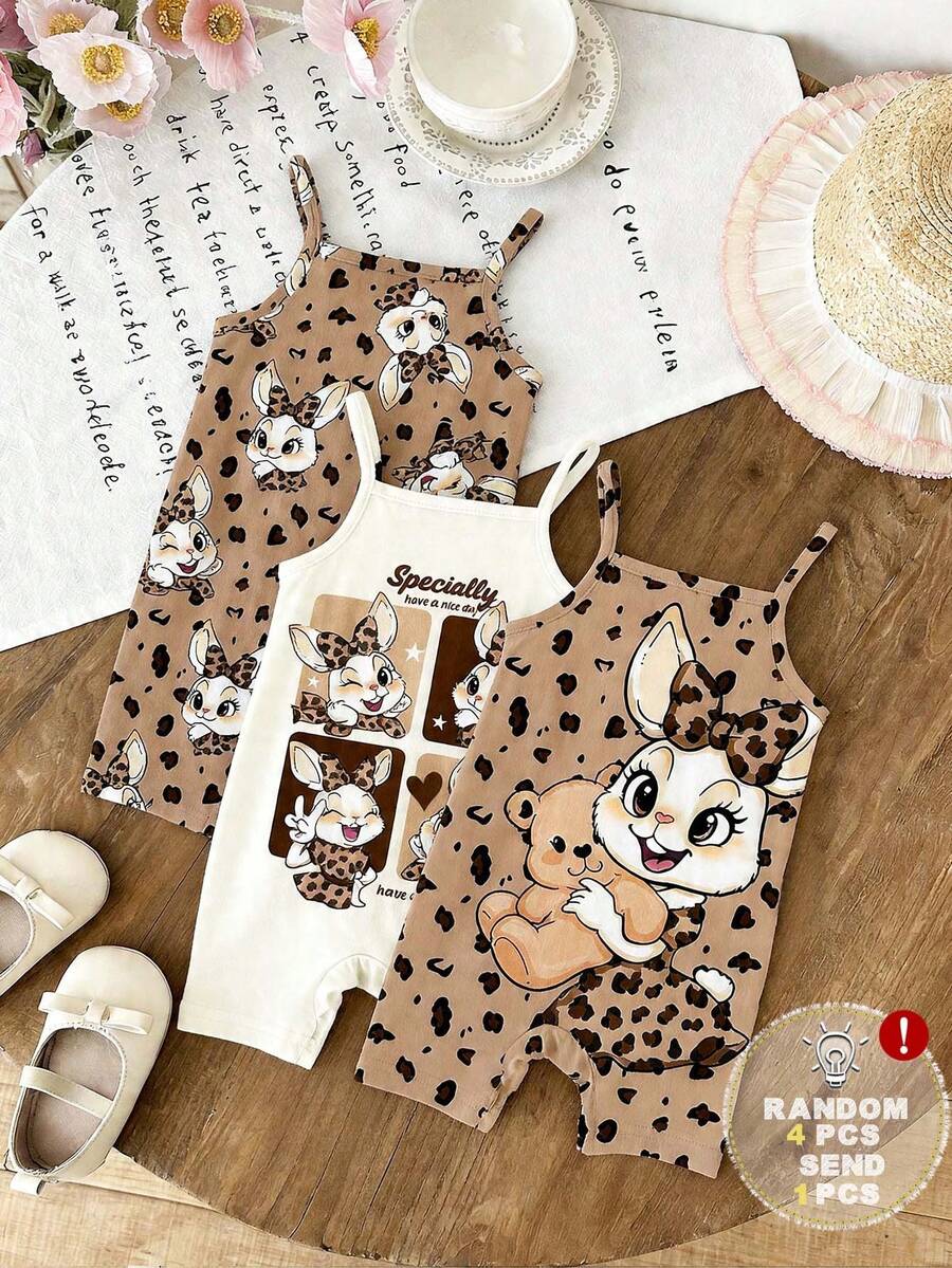 4pcs Girls Leopard Cartoon Bunny Cami Romper - Latte | 21 Century Kids