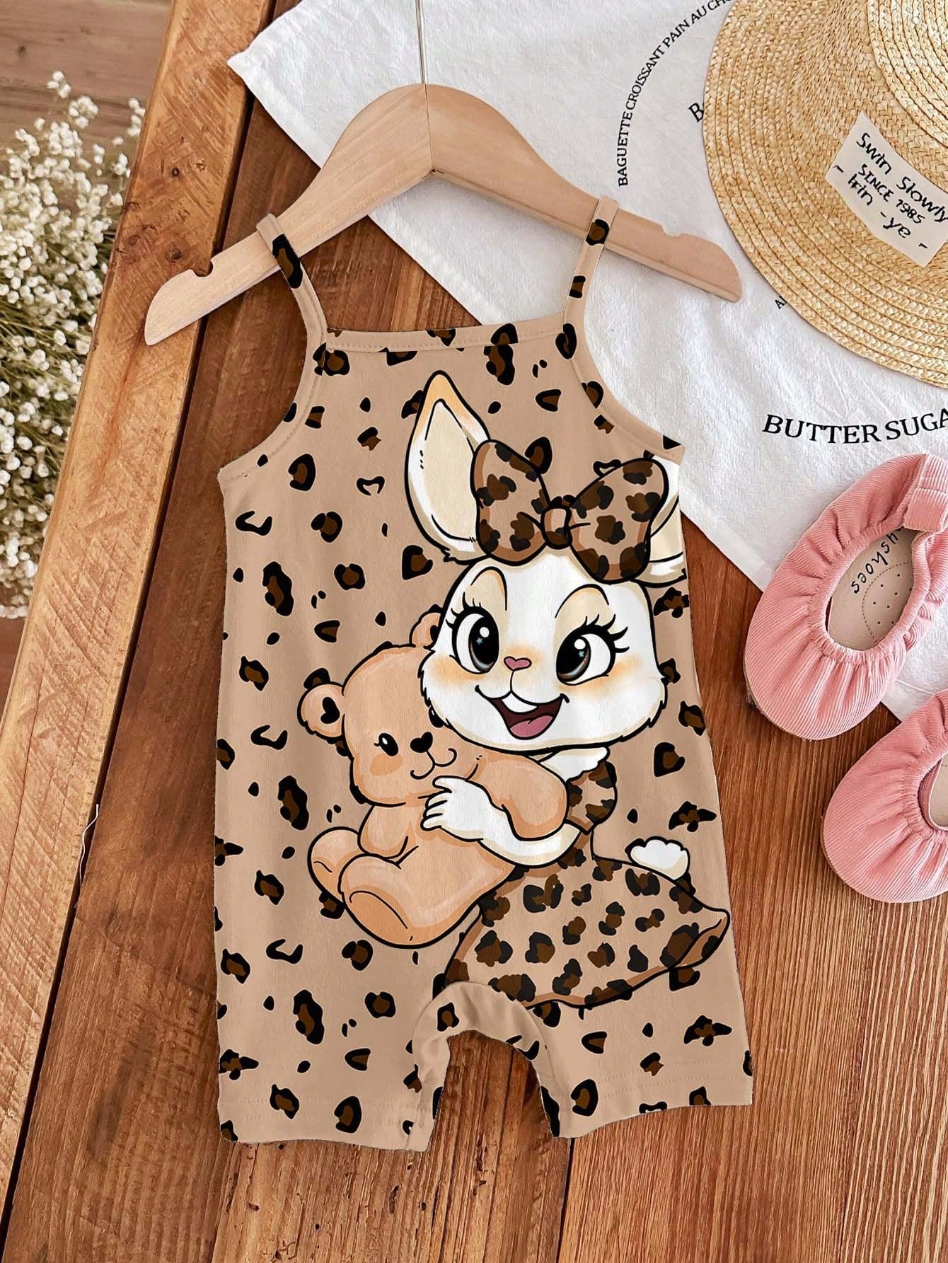 4pcs Girls Leopard Cartoon Bunny Cami Romper - Latte | 21 Century Kids