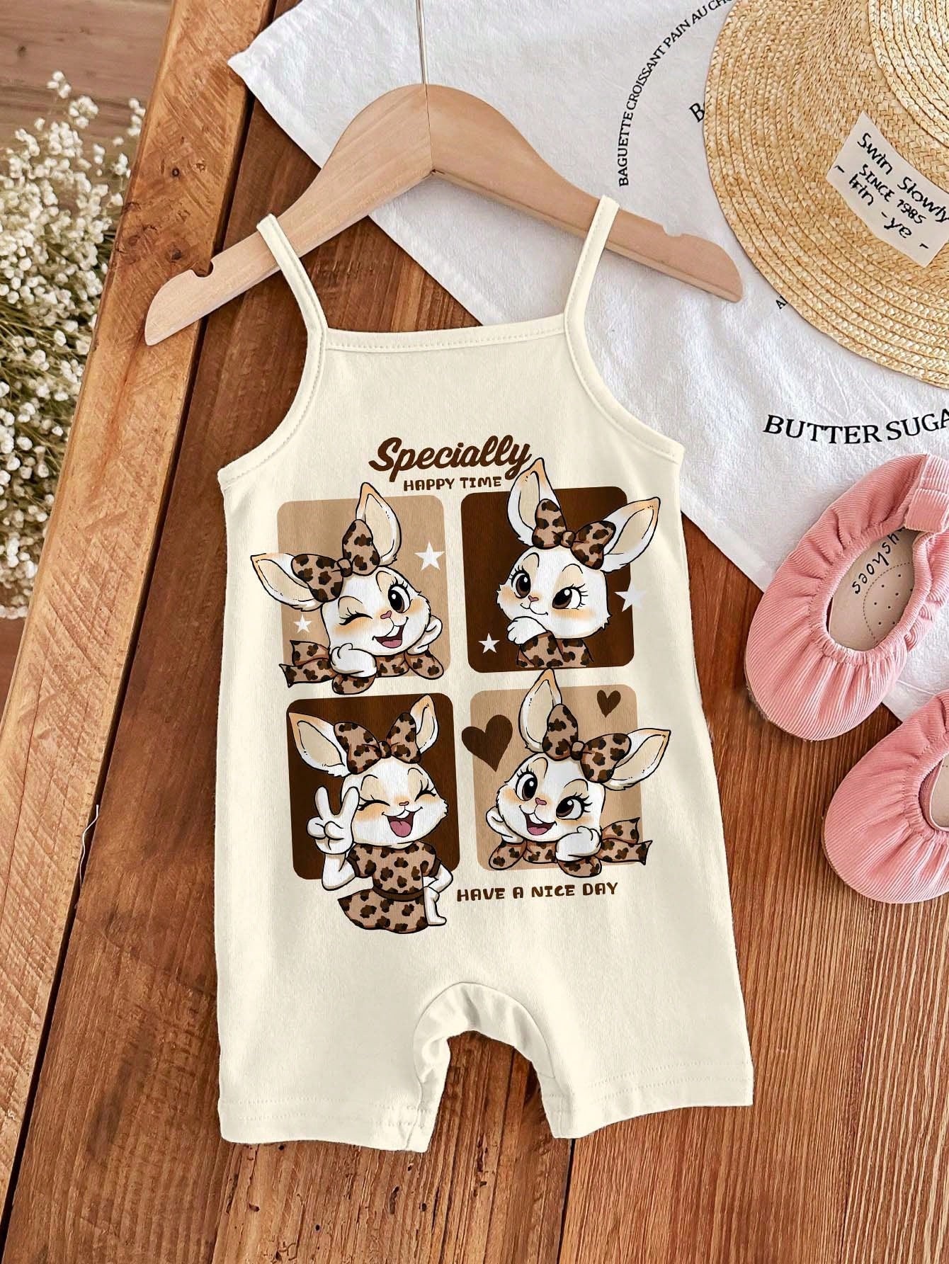 4pcs Girls Leopard Cartoon Bunny Cami Romper - Latte | 21 Century Kids