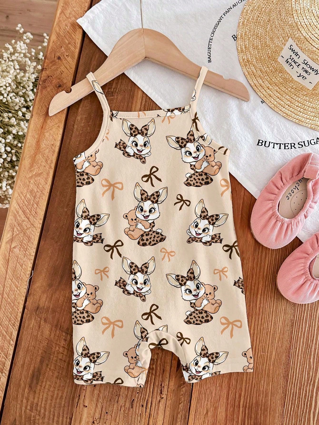 4pcs Girls Leopard Cartoon Bunny Cami Romper - Latte | 21 Century Kids