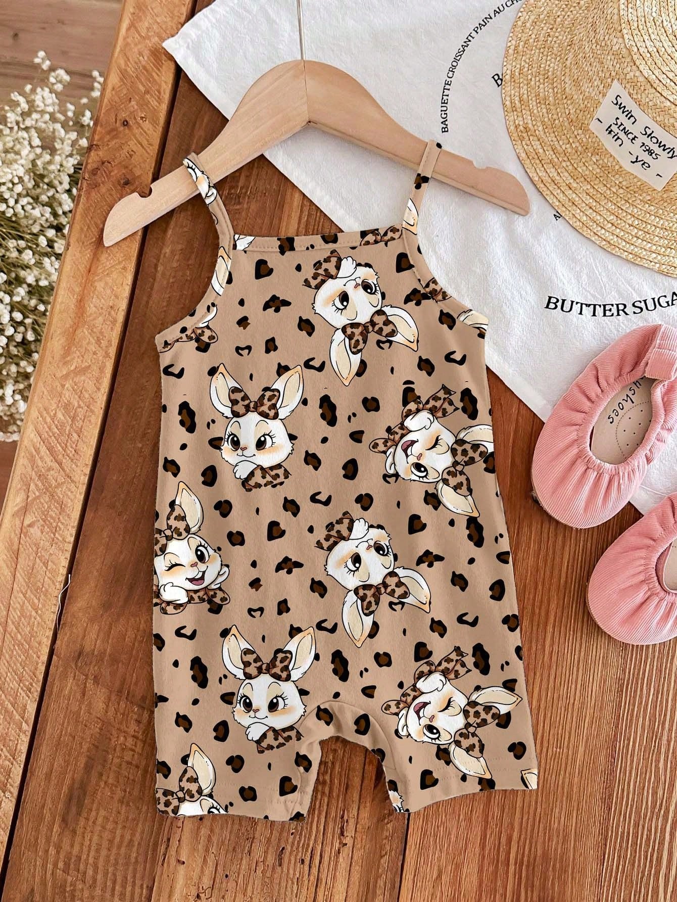 4pcs Girls Leopard Cartoon Bunny Cami Romper - Latte | 21 Century Kids