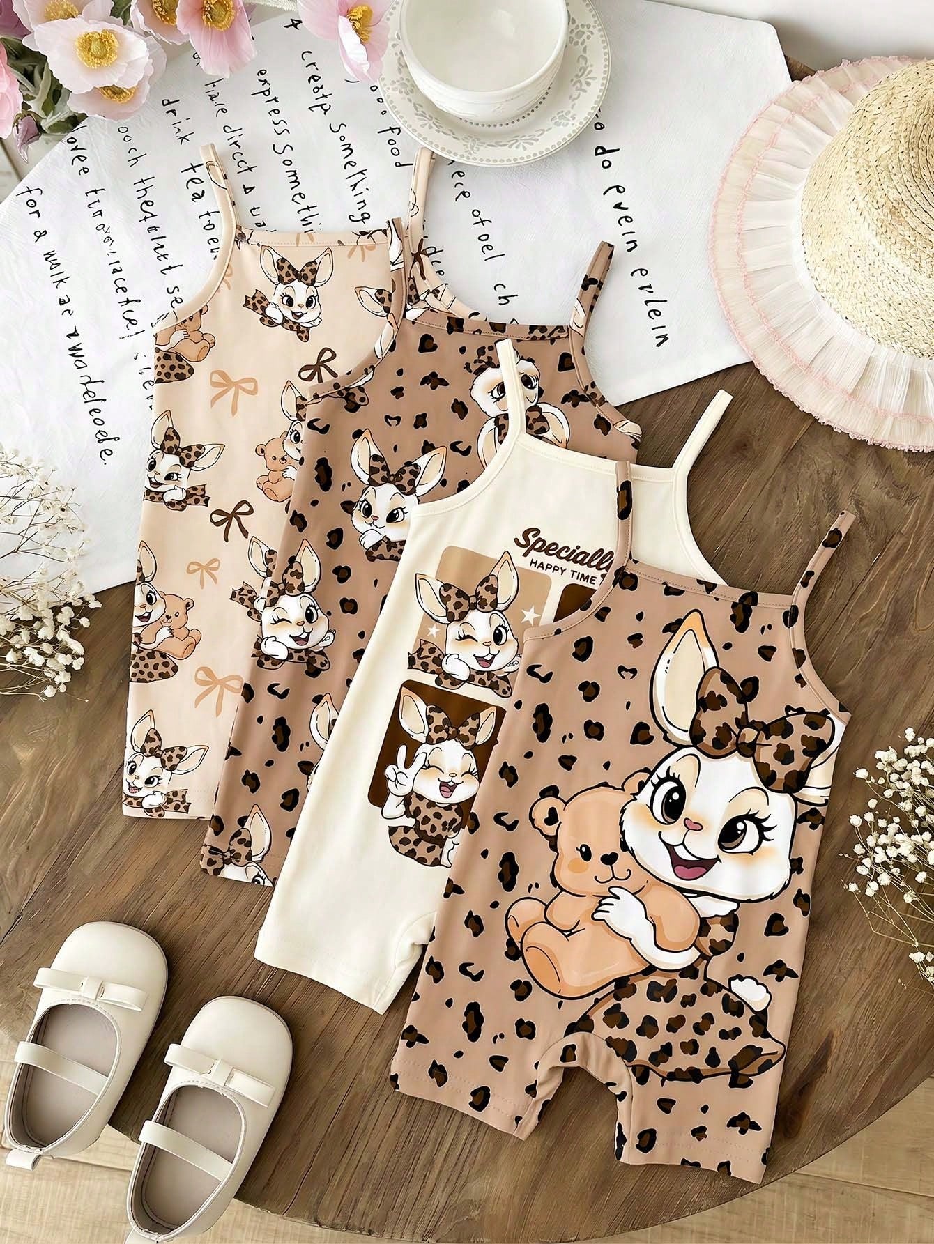 4pcs Girls Leopard Cartoon Bunny Cami Romper - Latte | 21 Century Kids