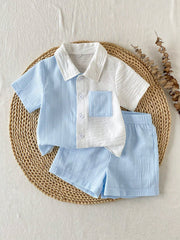 Baby Boys Colourblock Collar Shirt & Shorts Set - Cerulean