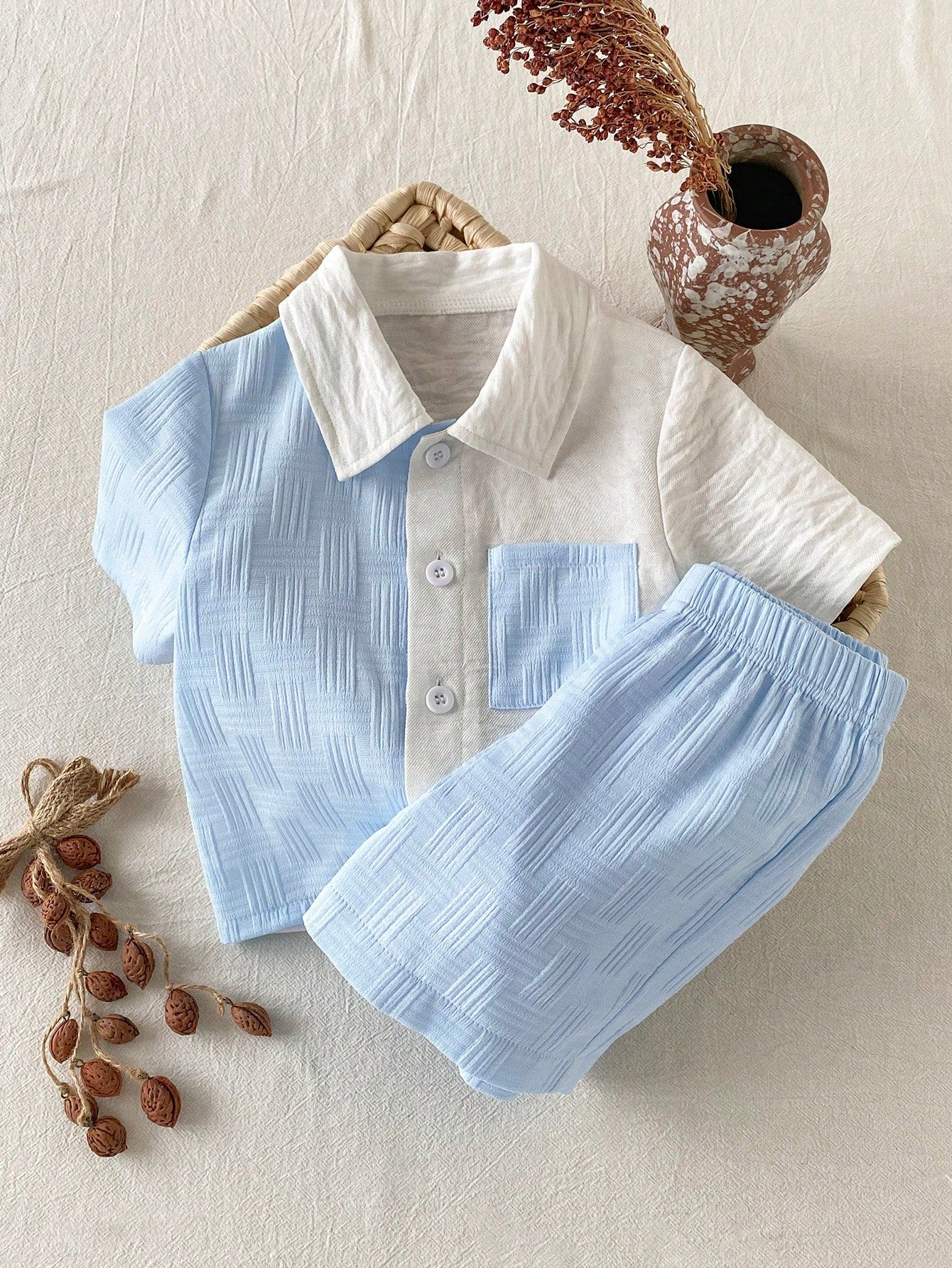 Baby Boys Colourblock Collar Shirt & Shorts Set - Cerulean