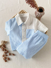 Baby Boys Colourblock Collar Shirt & Shorts Set - Cerulean