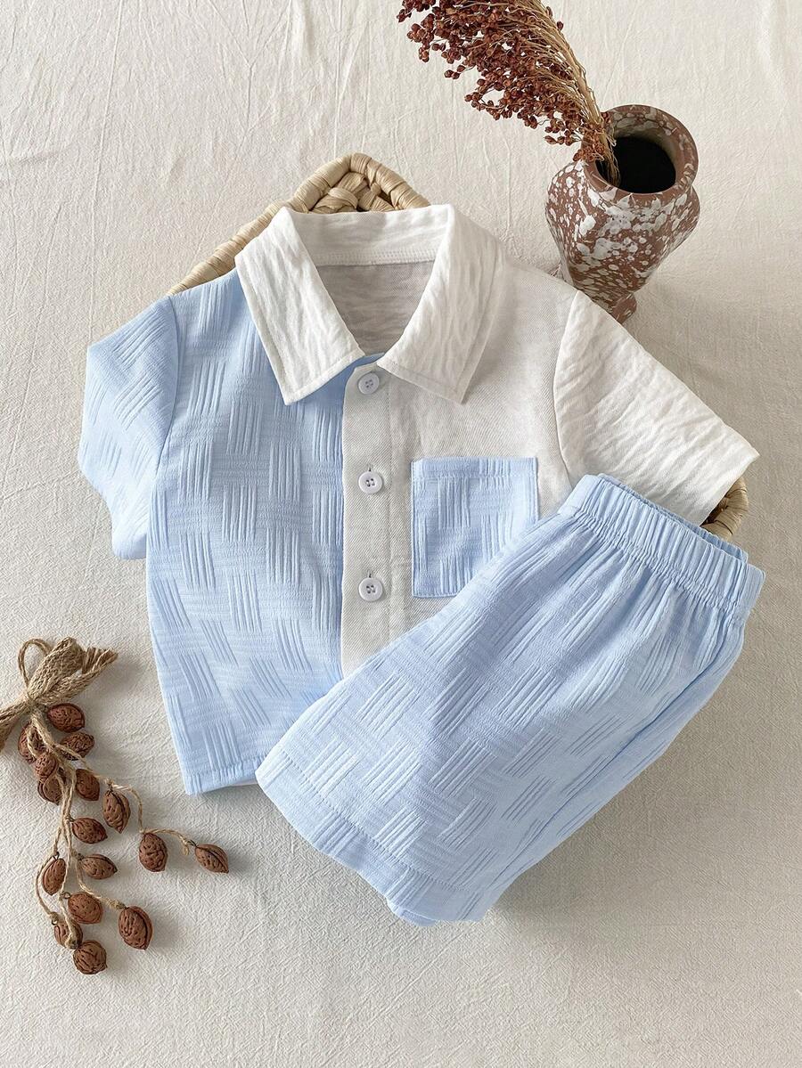 Baby Boys Colourblock Collar Shirt & Shorts Set - Cerulean