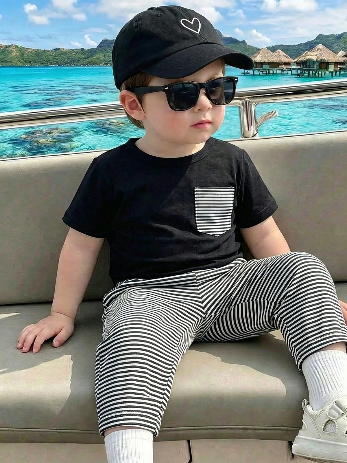 2pcs Boys Stripe Pocket Tee & Striped Pants Set - Onyx | 21 Century...