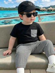 2pcs Boys Stripe Pocket Tee & Striped Pants Set - Onyx | 21 Century...
