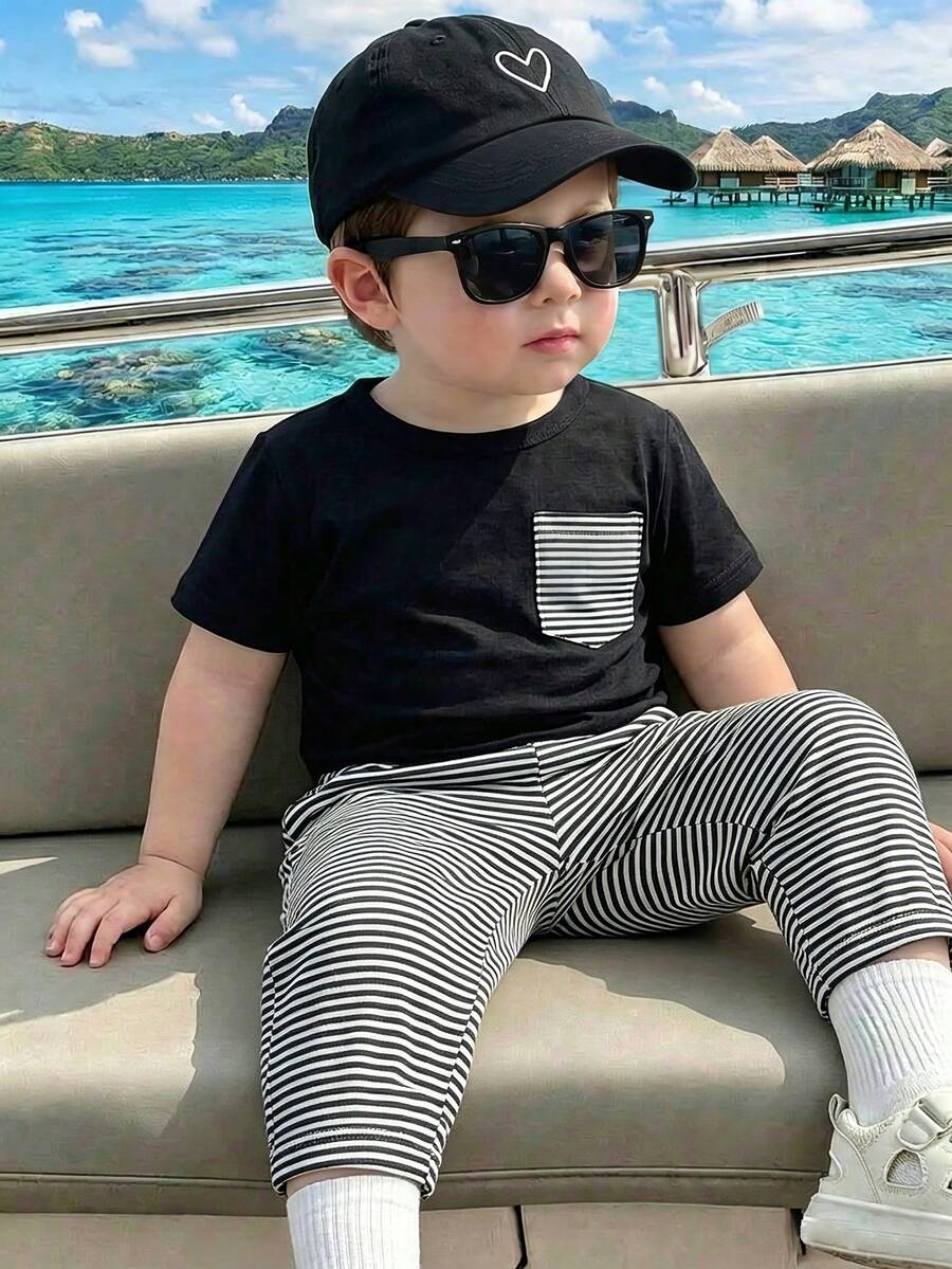 2pcs Boys Stripe Pocket Tee & Striped Pants Set - Onyx | 21 Century...
