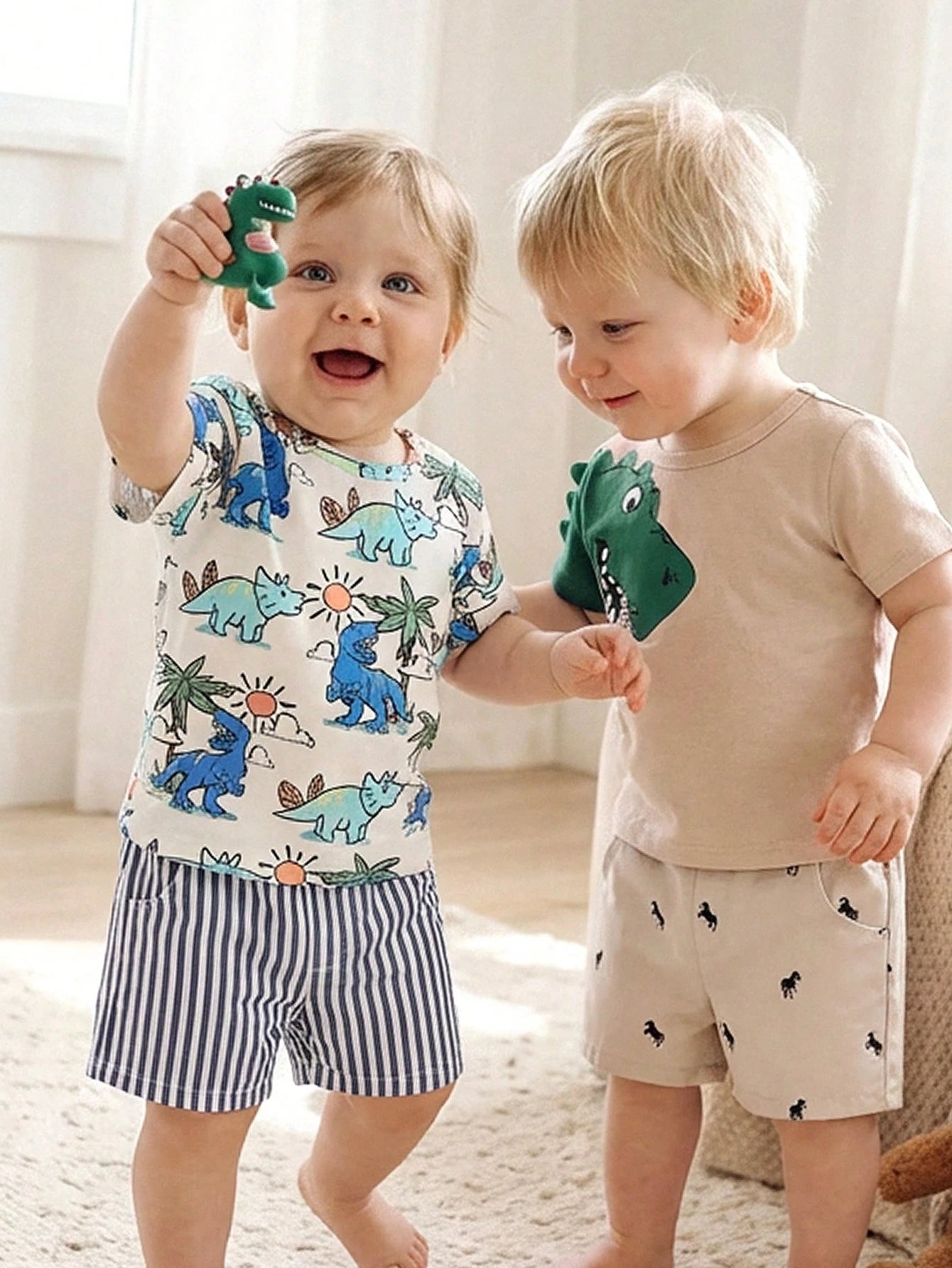 2pcs Boys Striped & Horse Print Chino Shorts Set - Slate | 21 Centu...