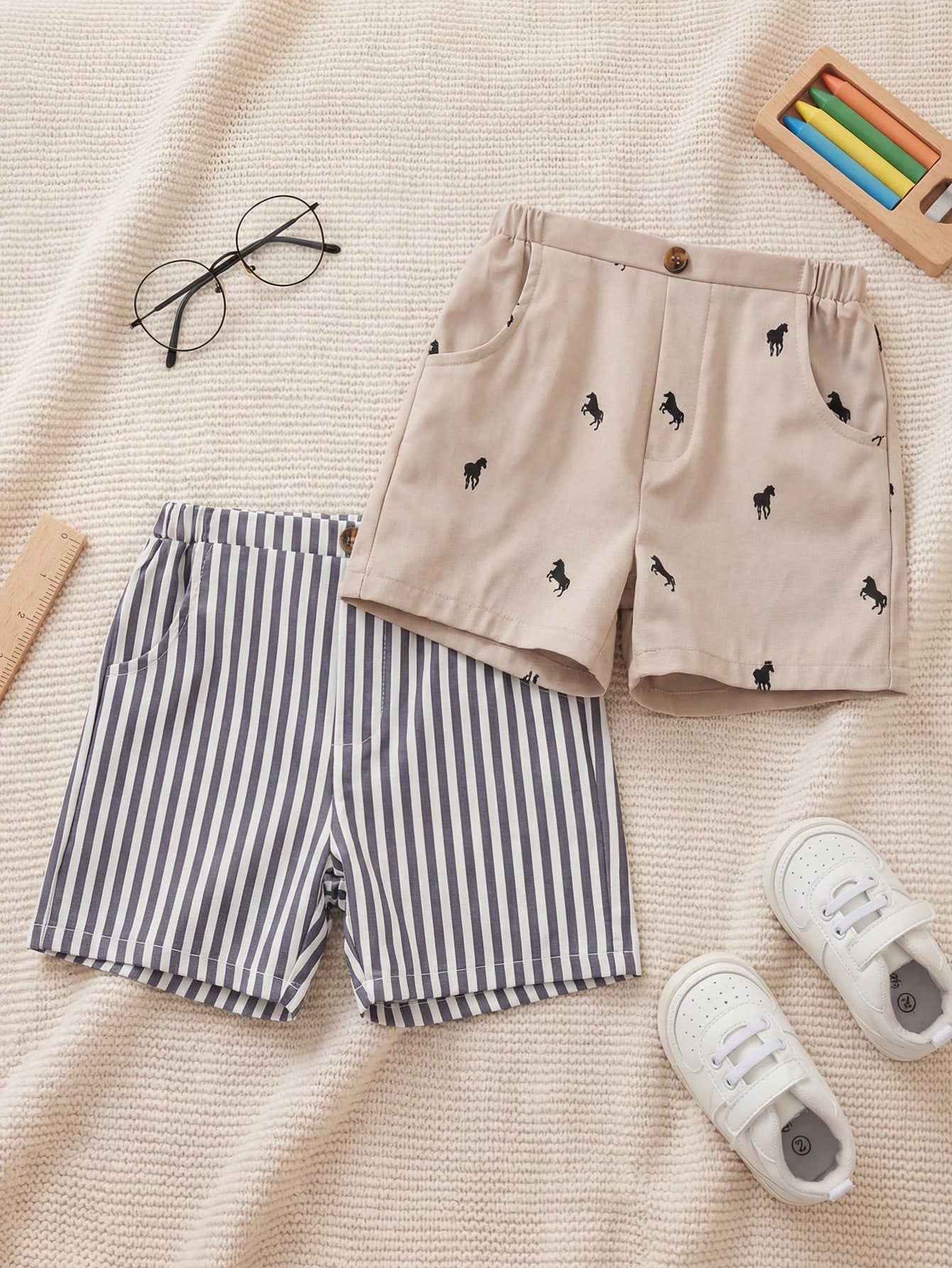 2pcs Boys Striped & Horse Print Chino Shorts Set - Slate | 21 Centu...