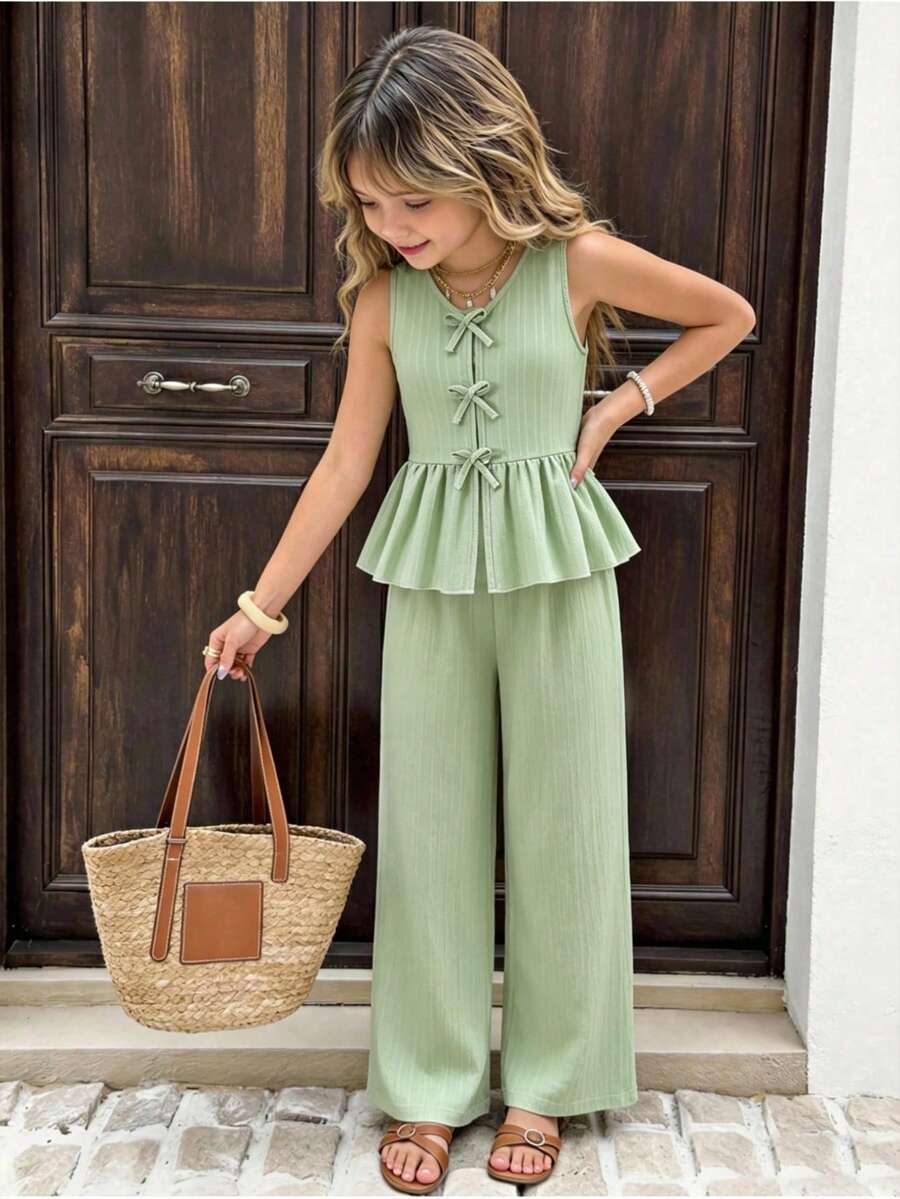 2pcs Big Girls Bow-Tie Peplum Top & Wide-Leg Pants Set - Sage | 21 ...