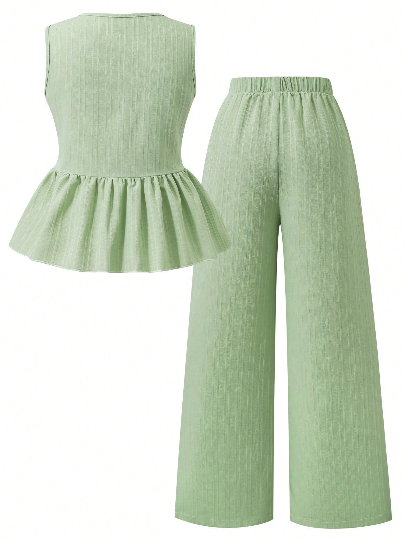 2pcs Big Girls Bow-Tie Peplum Top & Wide-Leg Pants Set - Sage | 21 ...