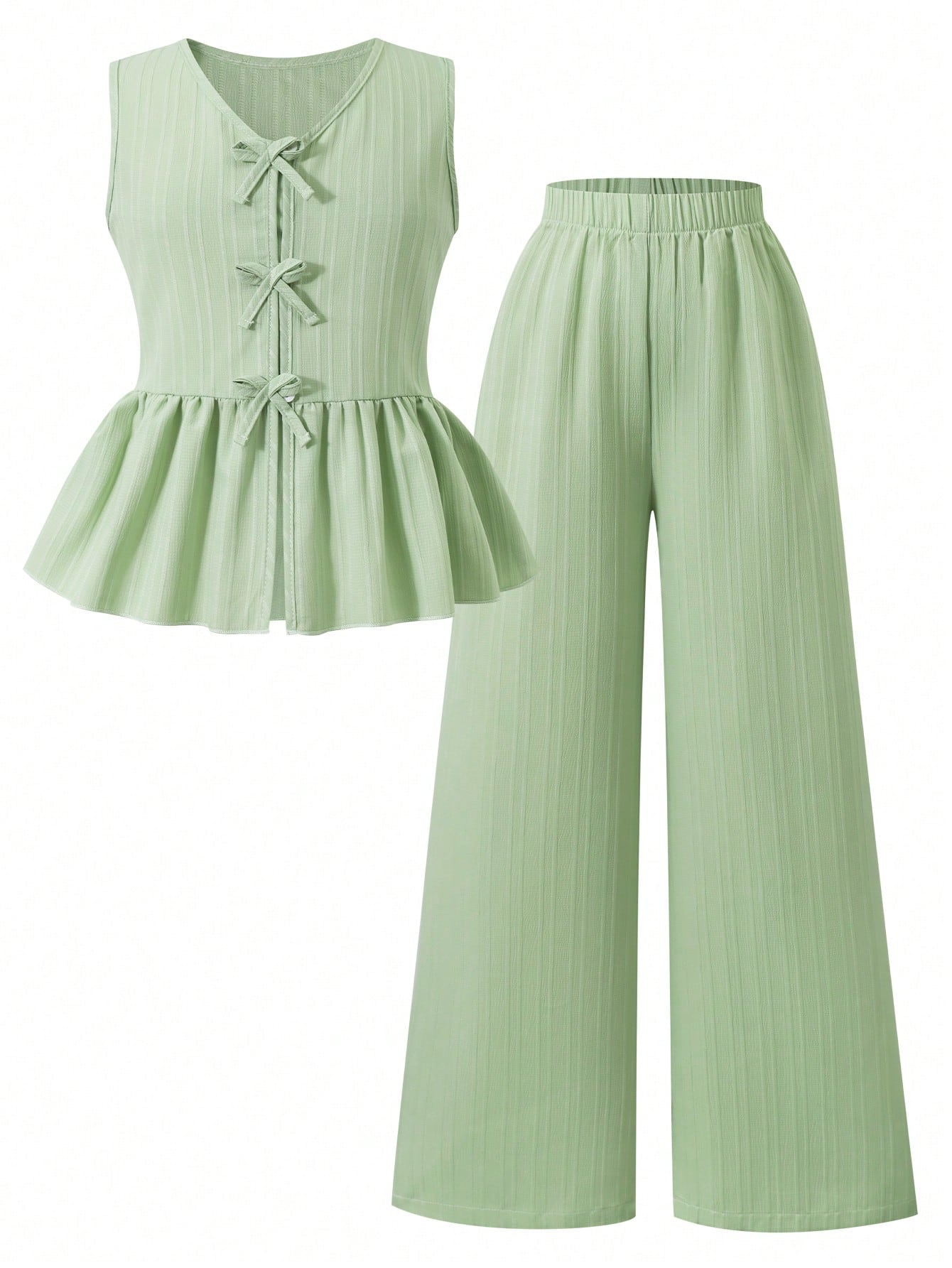 2pcs Big Girls Bow-Tie Peplum Top & Wide-Leg Pants Set - Sage | 21 ...