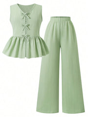 2pcs Big Girls Bow-Tie Peplum Top & Wide-Leg Pants Set - Sage | 21 ...