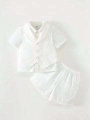 3pcs Boys Shirt, Shawl Collar Waistcoat & Shorts Set - Ivory | 21 C...