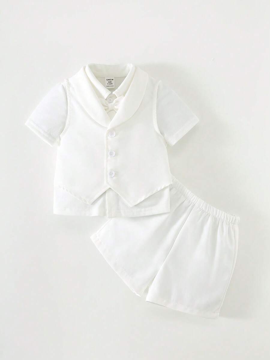 3pcs Boys Shirt, Shawl Collar Waistcoat & Shorts Set - Ivory | 21 C...