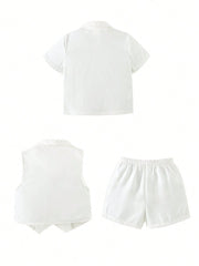 3pcs Boys Shirt, Shawl Collar Waistcoat & Shorts Set - Ivory | 21 C...