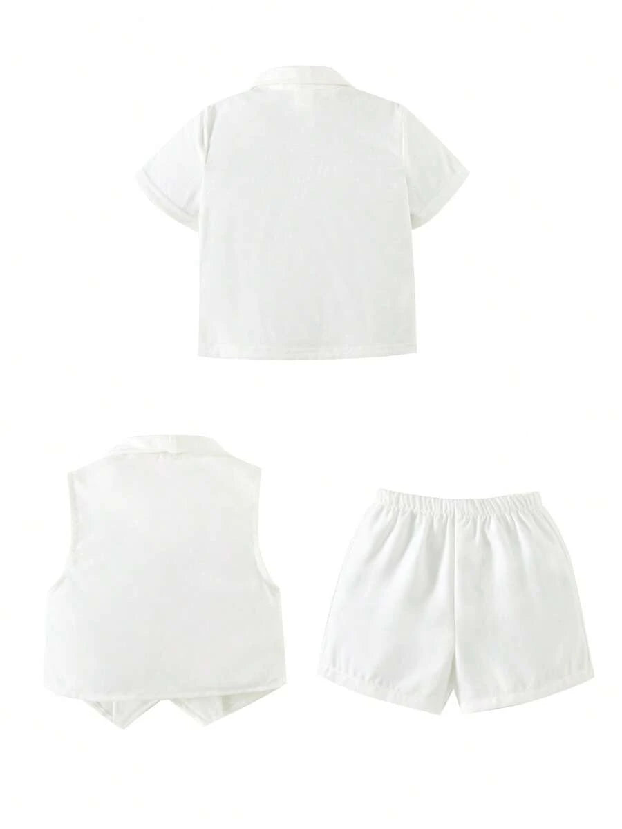 3pcs Boys Shirt, Shawl Collar Waistcoat & Shorts Set - Ivory | 21 C...