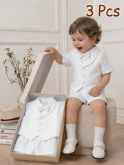 3pcs Boys Shirt, Shawl Collar Waistcoat & Shorts Set - Ivory | 21 C...