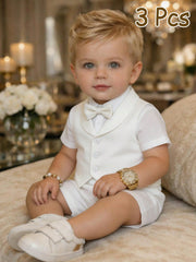 3pcs Boys Shirt, Shawl Collar Waistcoat & Shorts Set - Ivory | 21 C...