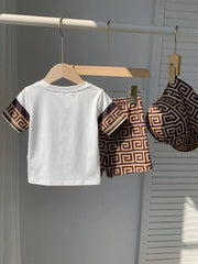 Boys Greek Key Print Tee, Shorts & Bucket Hat Set - Ivory