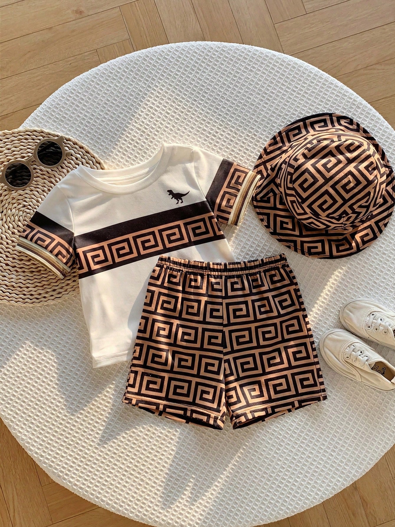 Boys Greek Key Print Tee, Shorts & Bucket Hat Set - Ivory