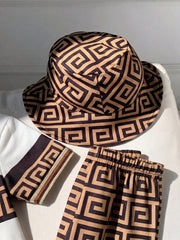 Boys Greek Key Print Tee, Shorts & Bucket Hat Set - Ivory