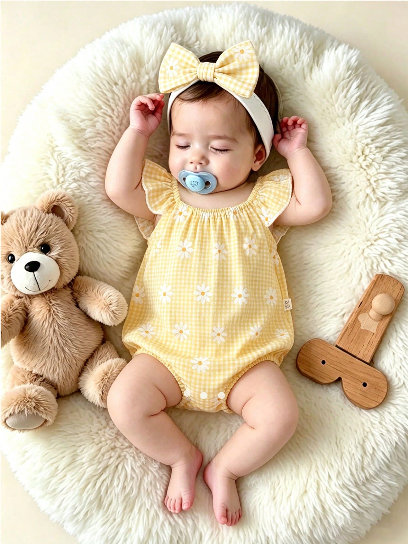 Girls Daisy Gingham Flutter Sleeve Romper Set - Buttercup