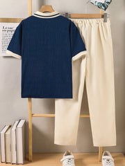 2pcs Boys Ribbed Polo Shirt & Tailored Trousers Set - Cobalt | 21 C...