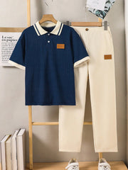 2pcs Boys Ribbed Polo Shirt & Tailored Trousers Set - Cobalt | 21 C...