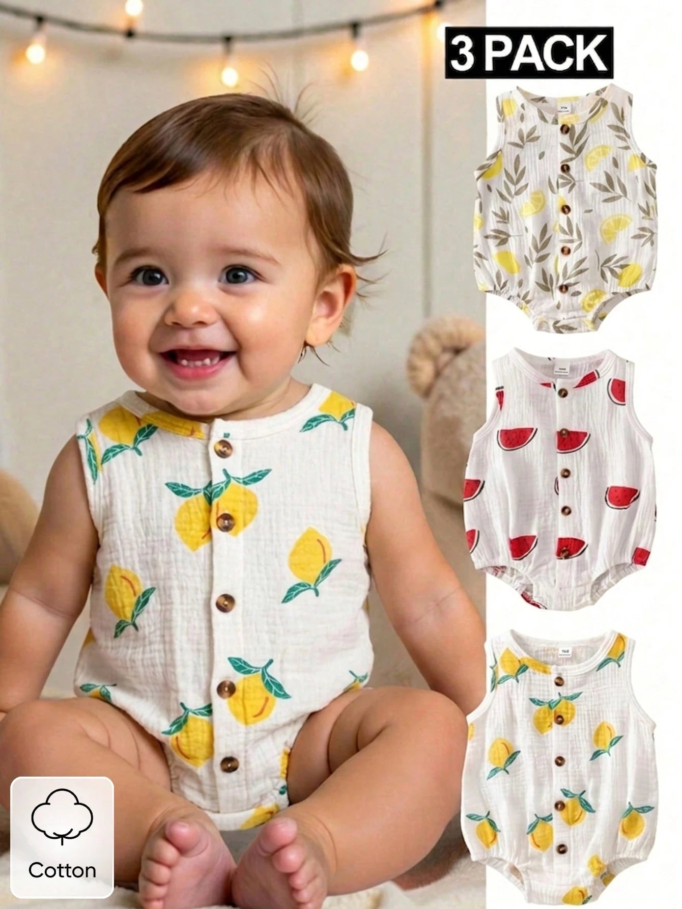 Baby Boys Fruit Print Muslin Button Romper - Ivory