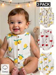 Baby Boys Fruit Print Muslin Button Romper - Ivory