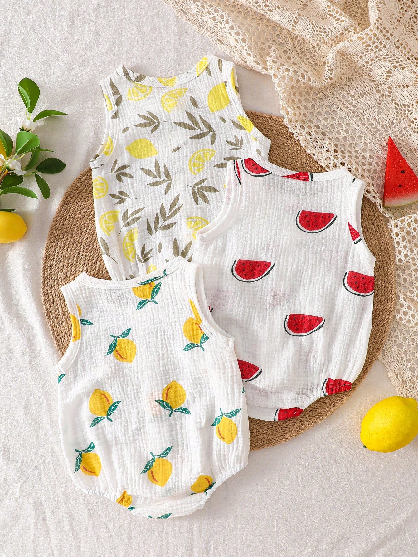 Baby Boys Fruit Print Muslin Button Romper - Ivory