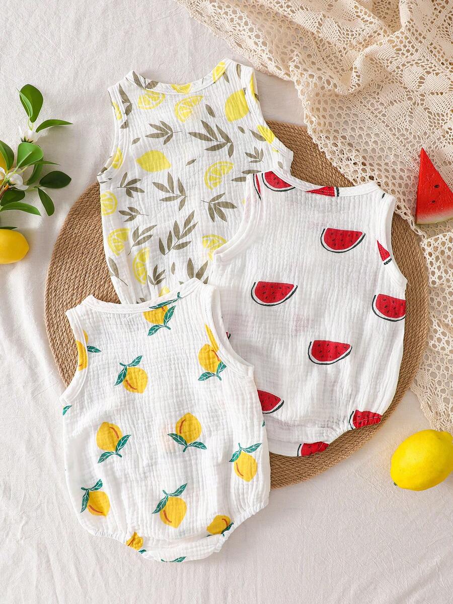 Baby Boys Fruit Print Muslin Button Romper - Ivory