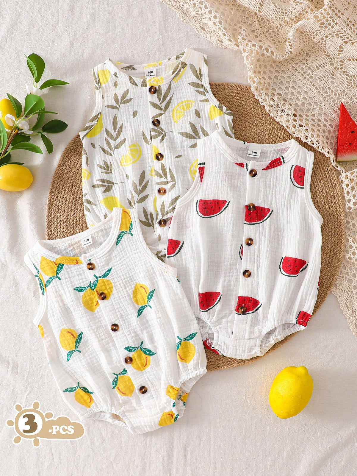 Baby Boys Fruit Print Muslin Button Romper - Ivory