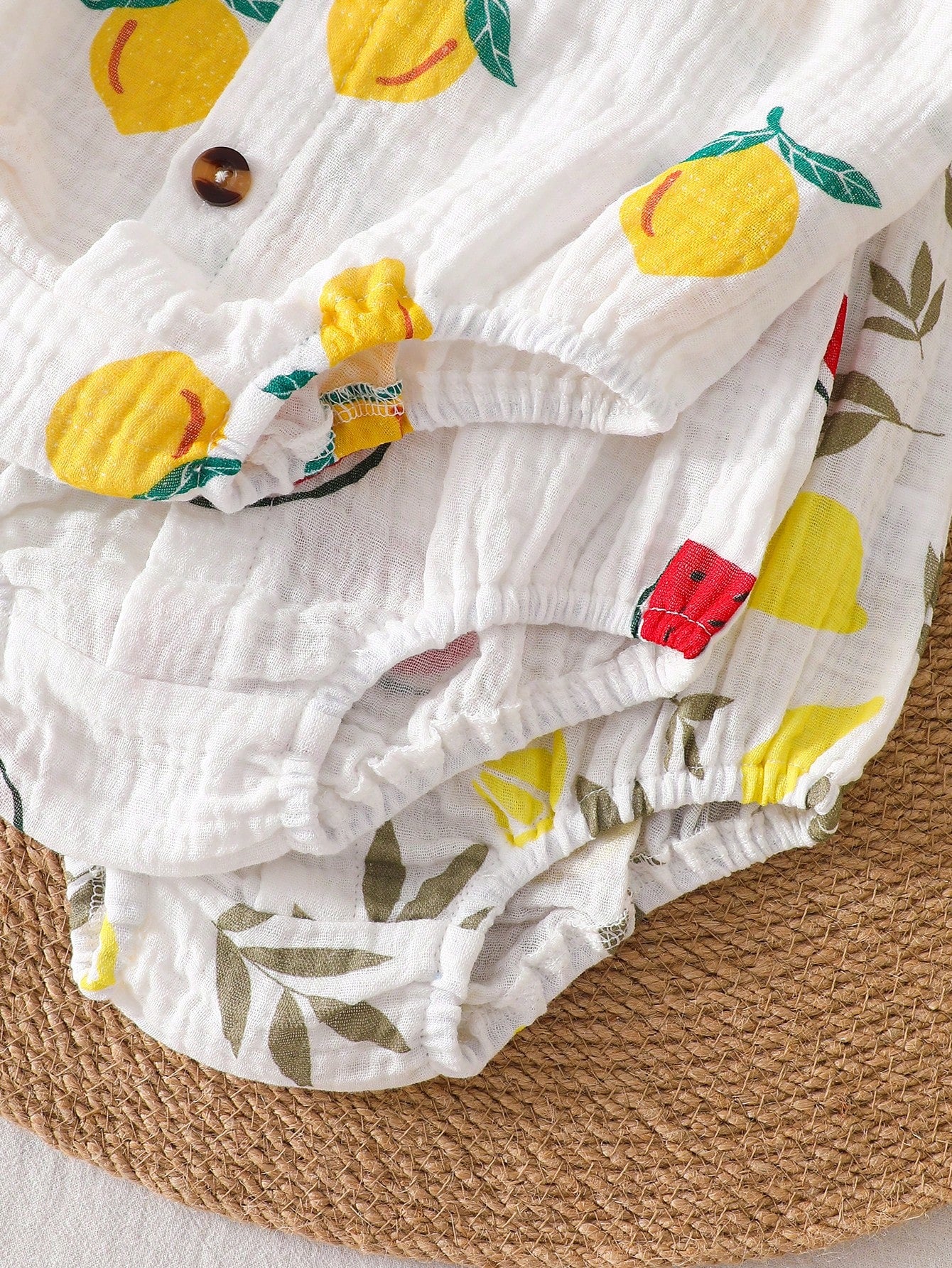 Baby Boys Fruit Print Muslin Button Romper - Ivory