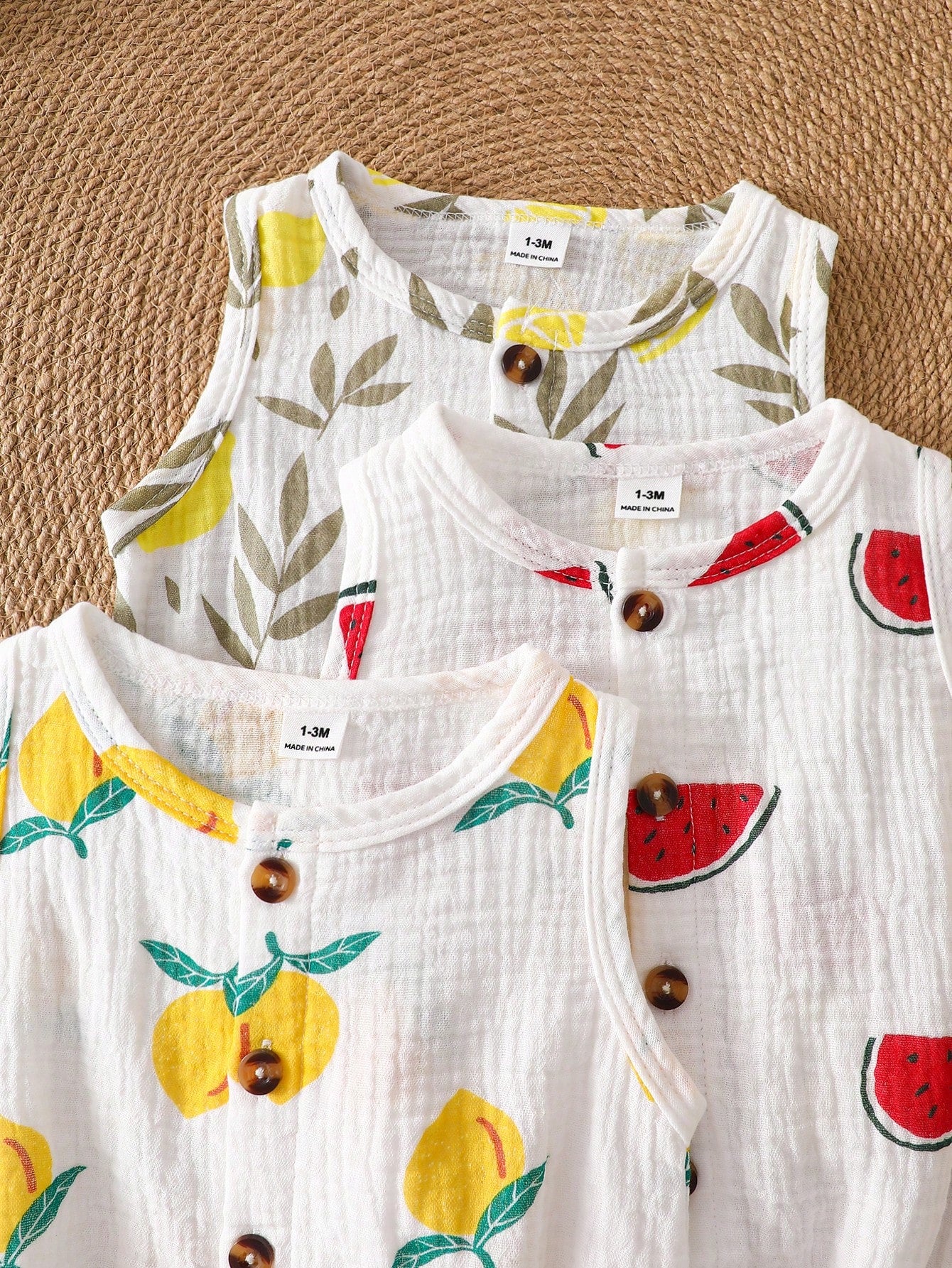 Baby Boys Fruit Print Muslin Button Romper - Ivory