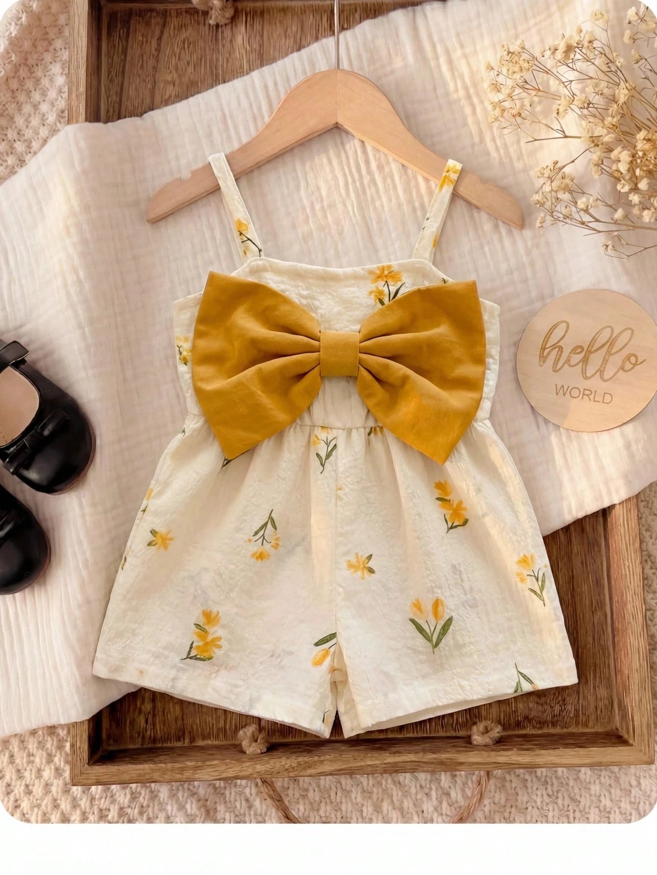 Girls Floral Print Bow-Front Cami Romper - Ivory