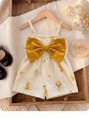 Girls Floral Print Bow-Front Cami Romper - Ivory