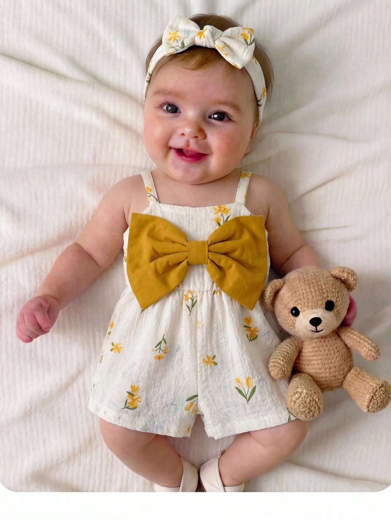 Girls Floral Print Bow-Front Cami Romper - Ivory