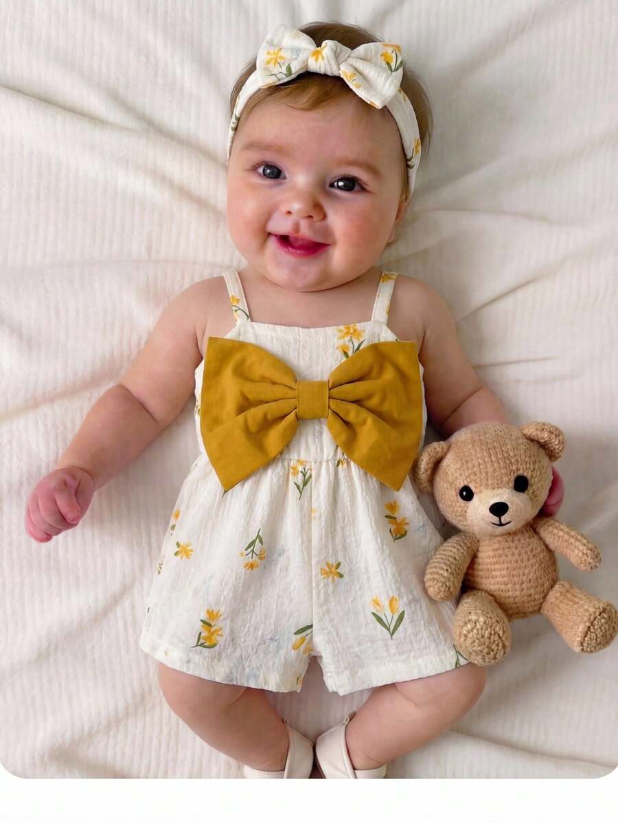 Girls Floral Print Bow-Front Cami Romper - Ivory