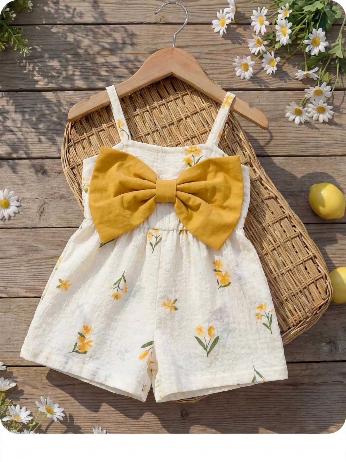 Girls Floral Print Bow-Front Cami Romper - Ivory